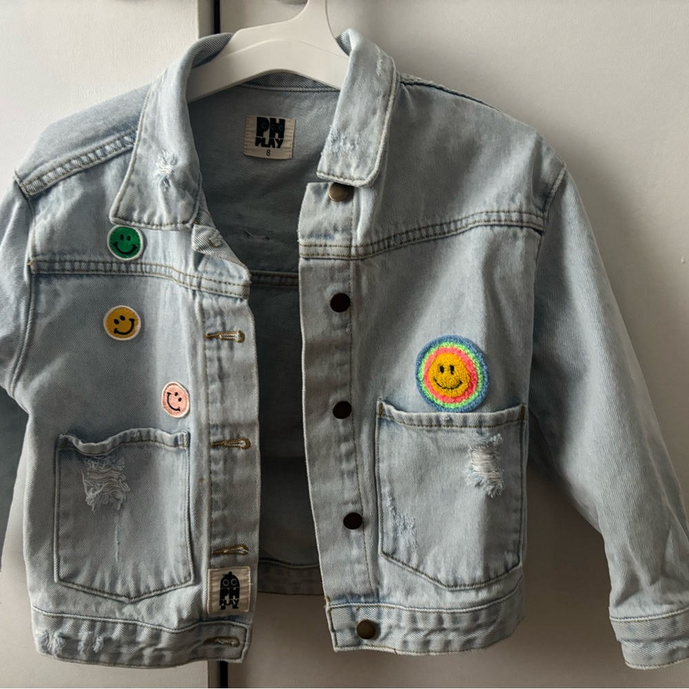 Playful Light Blue Kids Denim Jacket with Smiley Patches Girl
